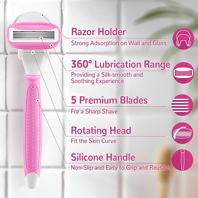 Razors for Women Include 1 Non-Slip Handle and 7 Blade Refills with a Shower Holder, 5 Premium Blades Women's Razors for Shaving with 360° Lubrication Reduces Irritation, Pink