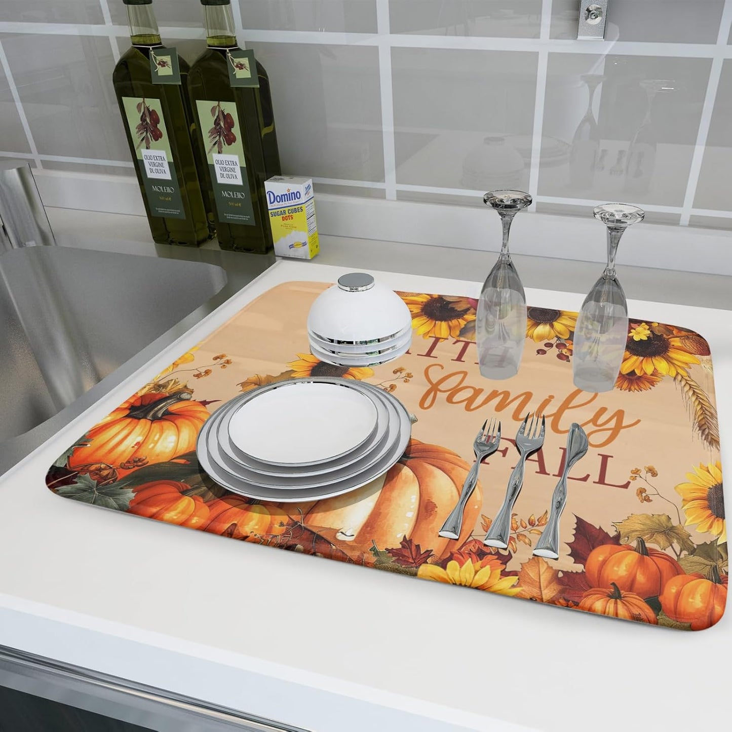 Faith FamilyFall Dish Drying Mat 16X18 Inch Thanksgiving Mats for Kitchen Counter Thanksgiving Autumn Harvest Pumpkin Dish Drying Mat Microfiber Dish Drying Pad Dish Rack Drainer Mat for Coffee Bar