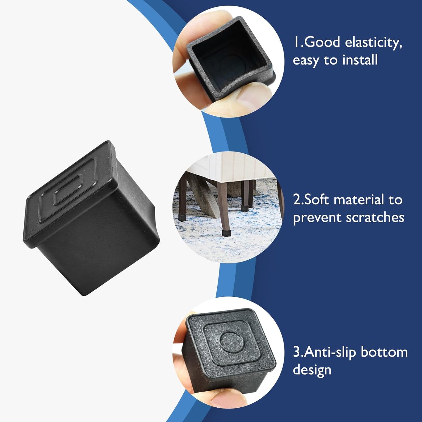 16 Pcs 1-3/4" x 1-3/4" Square Rubber Chair Leg Caps, PVC Table Leg Covers, Flexible & Anti-Slip Furniture Leg End Caps, Chair Leg Floor Protectors for Bar Stool Leg Patio Indoor, Black