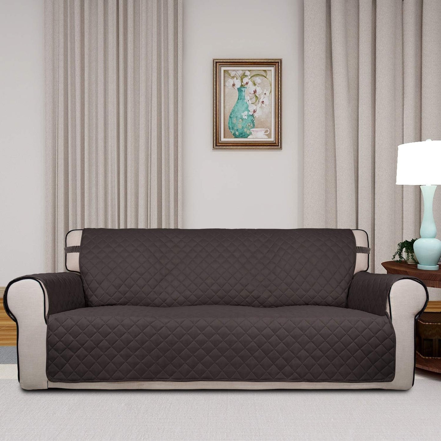 PureFit Reversible Quilted Sofa Cover, Water Resistant Slipcover Furniture Protector, Washable Couch Cover with Non Slip and Elastic Straps for Kids, Pets (Sofa, Chocolate/Chocolate)