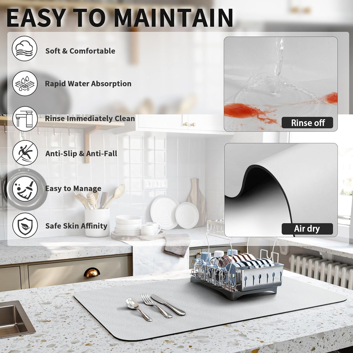 Dish Drying Mat for Kitchen Counter, Heat Resistant Drainer Mats with Non-slip Rubber Backed, Hide Stain Kitchen Super Absorbent Draining Mat, Easy to Clean Dish Rack Pad, Light Grey 18"x32"