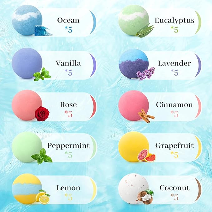 TranquilBliss Bath Bombs Set 50 PCS with 10 Rich Scents, Bath Bombs for Women, Natural Bubble Bombs with Shea Butter & Safe Oil, Ideal for Christmas, Birthday, Mother's Day Present (Purple)