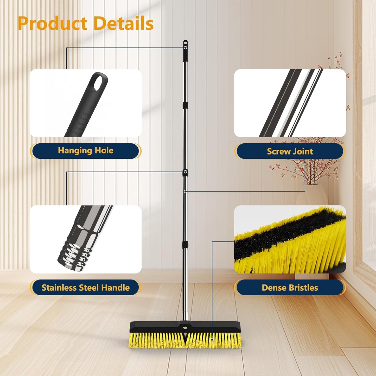 18 Inches Push Broom Outdoor with 65" Adjustable Handle, Heavy Duty Outdoor Broom with Stiff Bristles, for Cleaning Yard, Garage, Shop, Driveway, Wood, Stone, Deck, Concrete, and Tile Floor.