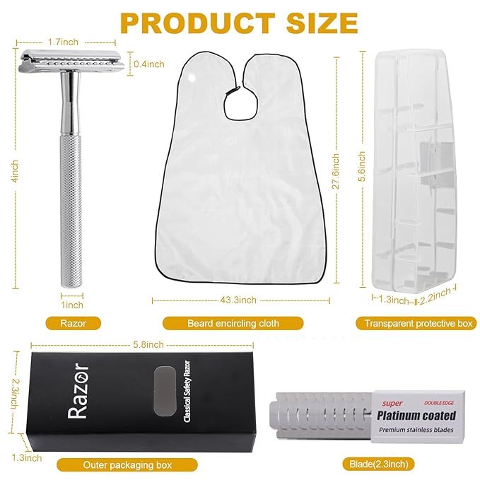 Double Edge Razor, Safety Razor With 10 Premium Stainless Steel Reusable And a Beard Bib,Transparent Packaging Box Single Blade Razors For Men and Women, Smooth Wet Shave Experience,Silver