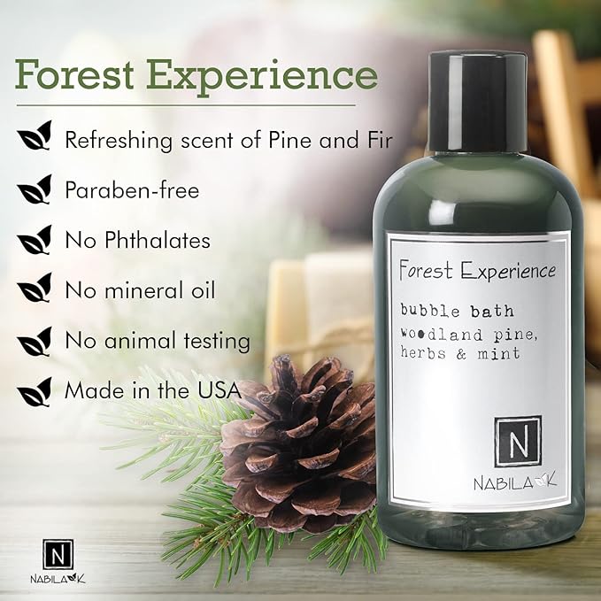 Forest Experience Bubble Bath with Pine, Herbs & Mint Scent by Nabila K - Essential Oils with Natural Ingredients for Sensitive Skin, Tear-Free, Gentle, Moisturizing - Luxury for Women & Men, 16 oz