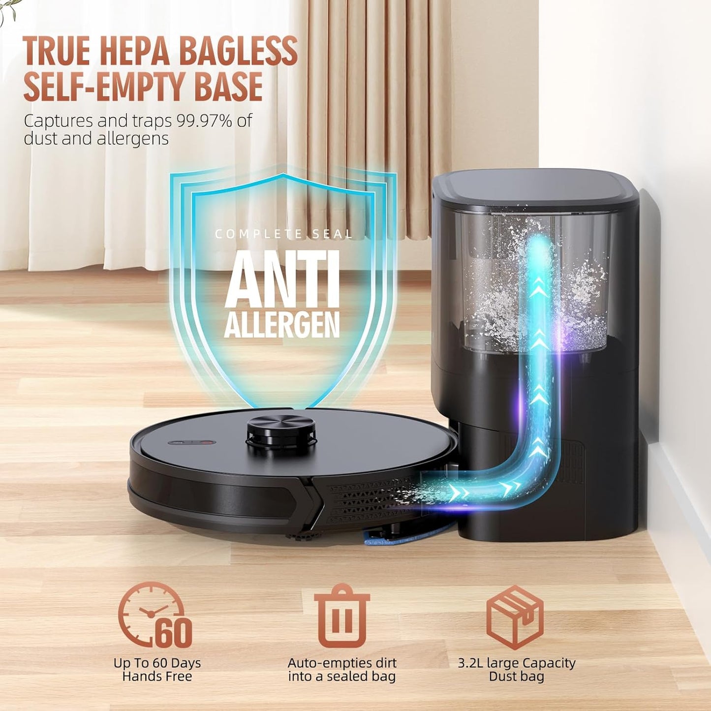 3-in-1 Robot Vacuum and Mop Combo with Self-Emptying Dock for 60 Days，LiDAR Navigation,4500Pa Strong SuctionApp/WiFi/Alexa Control, Self-Charging, Replaceable Dust Bag