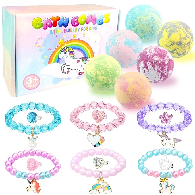 Bath Bombs for Kids Girls with Surprise Inside 6 Large Organic Bubble Kids Bath Bombs with Jewelry Toys Inside Safe & Natural Bathbombs Birthday Christmas Easter Surprise Princess Gifts Set for Girls