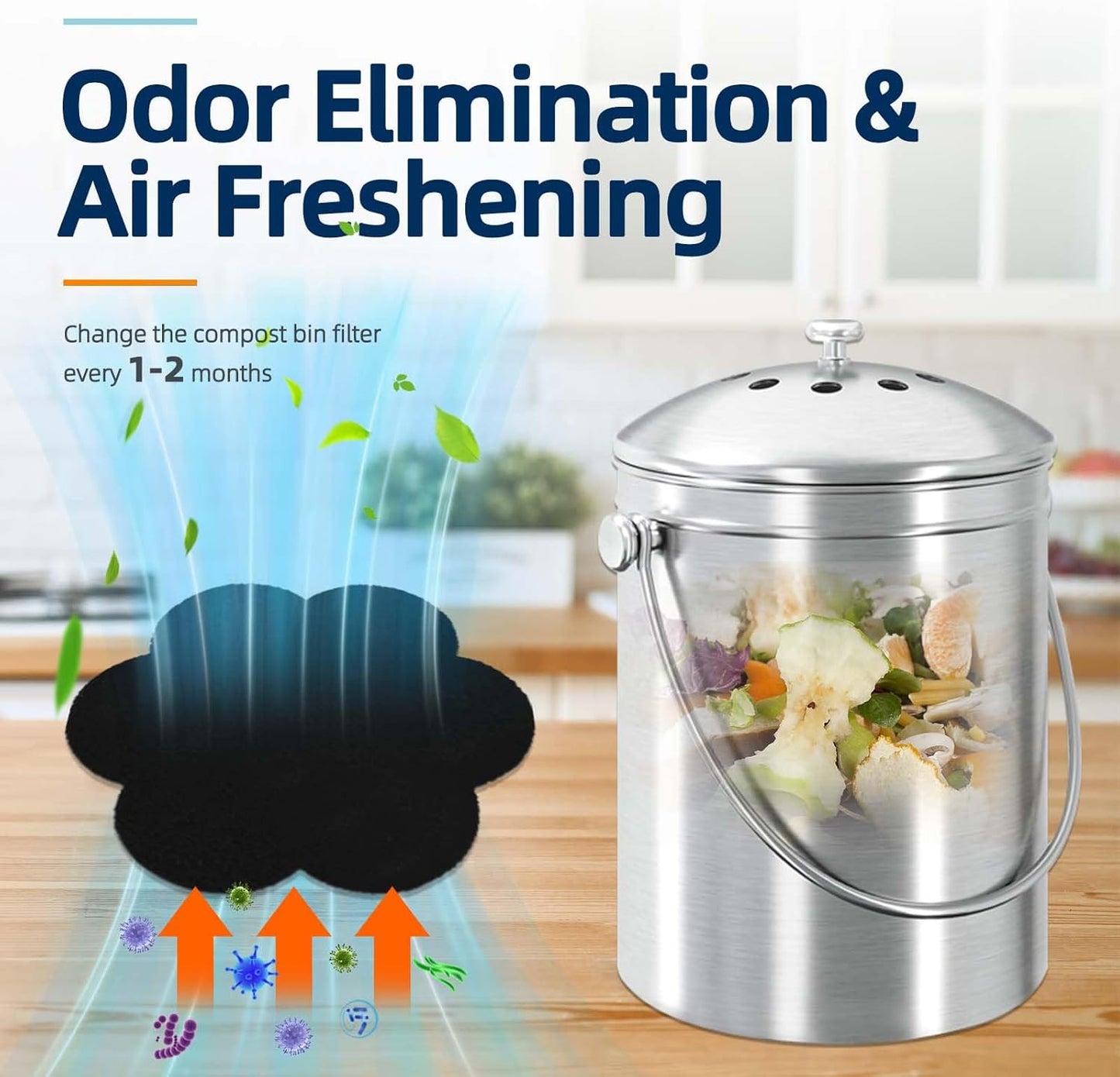 Trash Can Odor Absorbing Filters: Activated Charcoal Deodorizer Sheet for Kitchen Trash Can, Compost Bin, Diaper Pail, Garbage Can - Air Freshener - 12 Replacement 6.7" Flower Shape