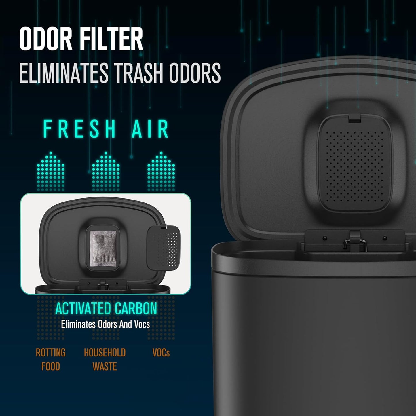 13 Gallon Stainless Steel Foot Pedal Large Trash Can with Soft Close Quiet Curved Surface Top Lid and Deodorant Storage Space, with 30 Garbage Bags for Kitchen/Home/Office Trash can and More - Black