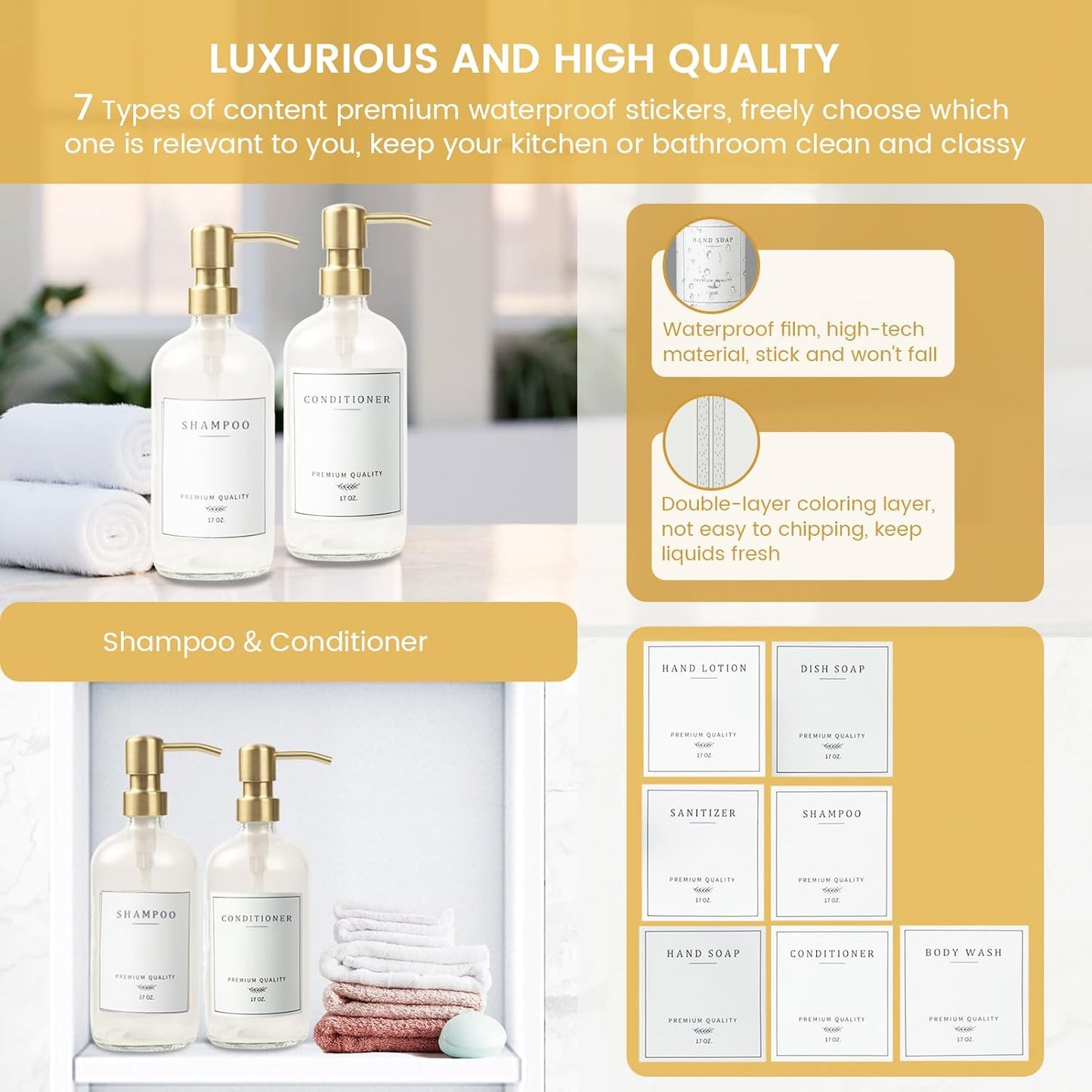 Glass Soap Dispenser for Kitchen Sink,Farmhouse Dish Soap Dispenser&Hand Soap Dispenser Set,Rustproof Pump Lotion Dispenser Bathroom with Tray,Waterproof Label for Kitchen Decor(Clear