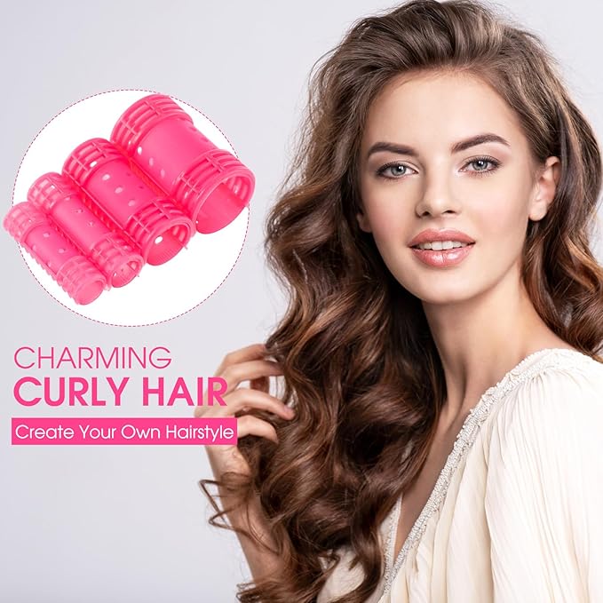 WILLBOND 65 Pieces Rollers Plastic Rollers Hair Curlers Set 4 Sizes for Long Medium Short Hair, Duck Clips Hairnet Hairdressing Styling Tool(Pink)