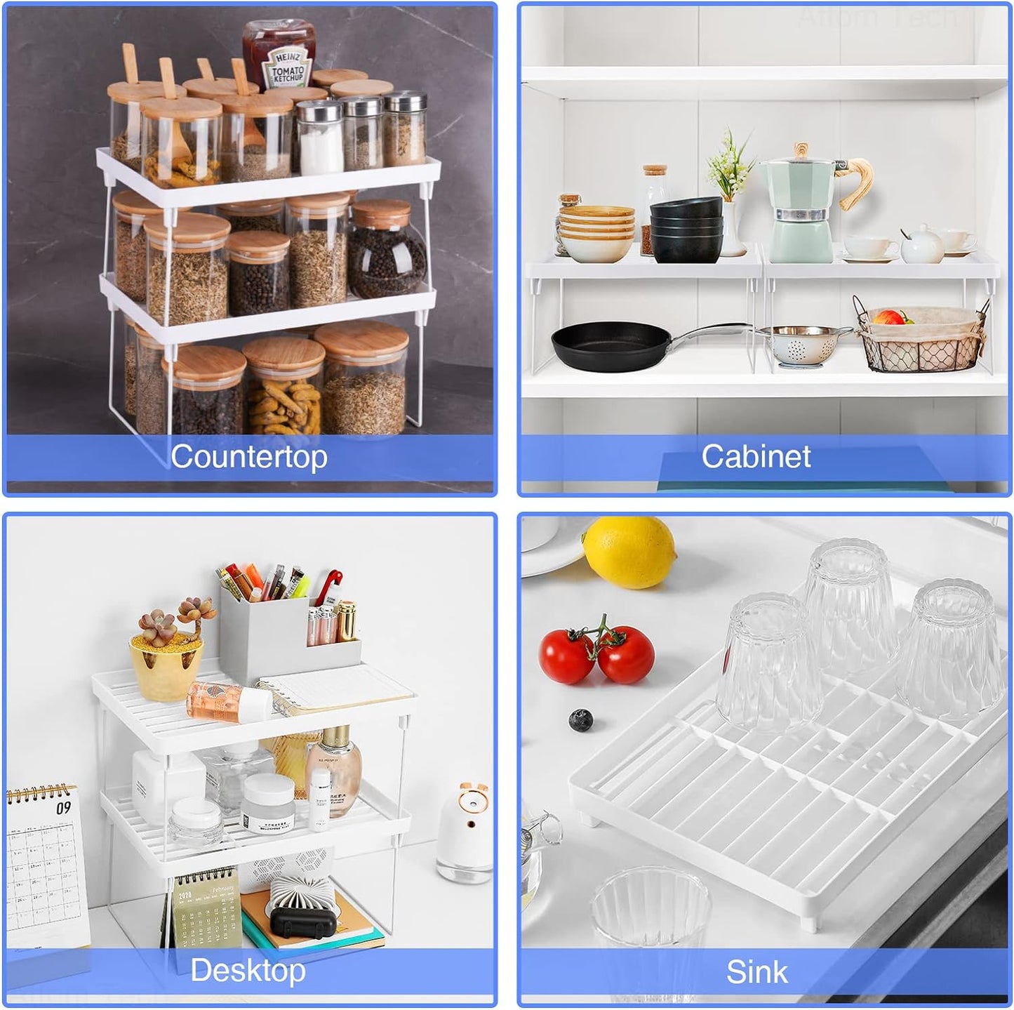 NiHome 4-Pack Stackable Plastic Kitchen Storage Shelf Foldable Rack - White Kitchen Cabinet Organizer and Storage Shelves Stackable Expandable Storage Racks for Counter Cabinet Pantry