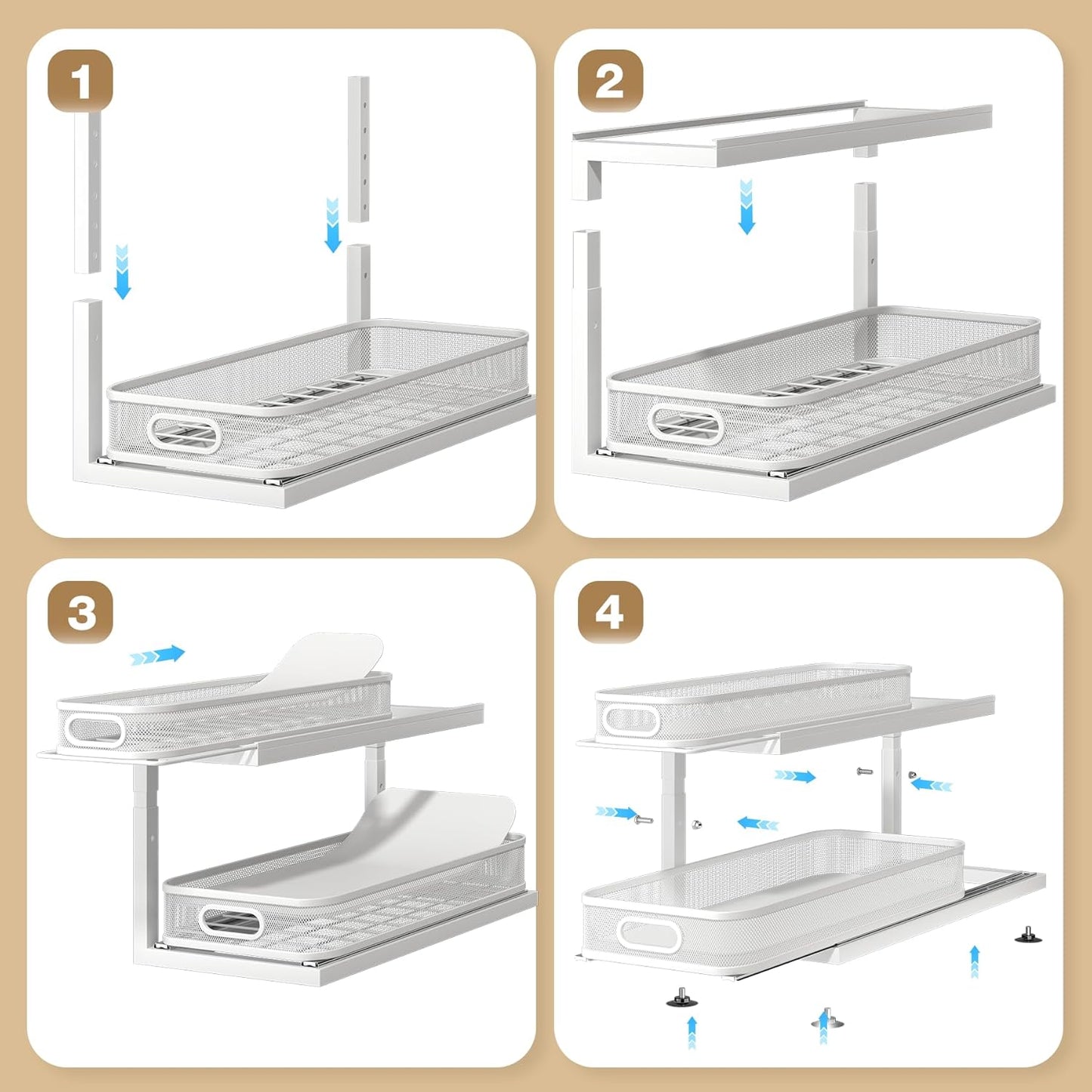 2-Pack 21.3 IN Depth Under Sink Organizer With Next-Gen Ball-Bearing Slides,Sophisticated Mesh 2-Tier Pull Out Shelf for Kitchen & Bathroom,Fits Small Items-White(Patented)