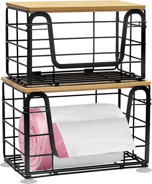 2 Pack Trash Bag Holder - Extra Large Stackable Storage for Kitchen Pantry Laundry Room Organization, Wall Mount Garbage Bag Dispenser with Bamboo Top for Under Sink Organizer, Fits 13/30/33 Gallons