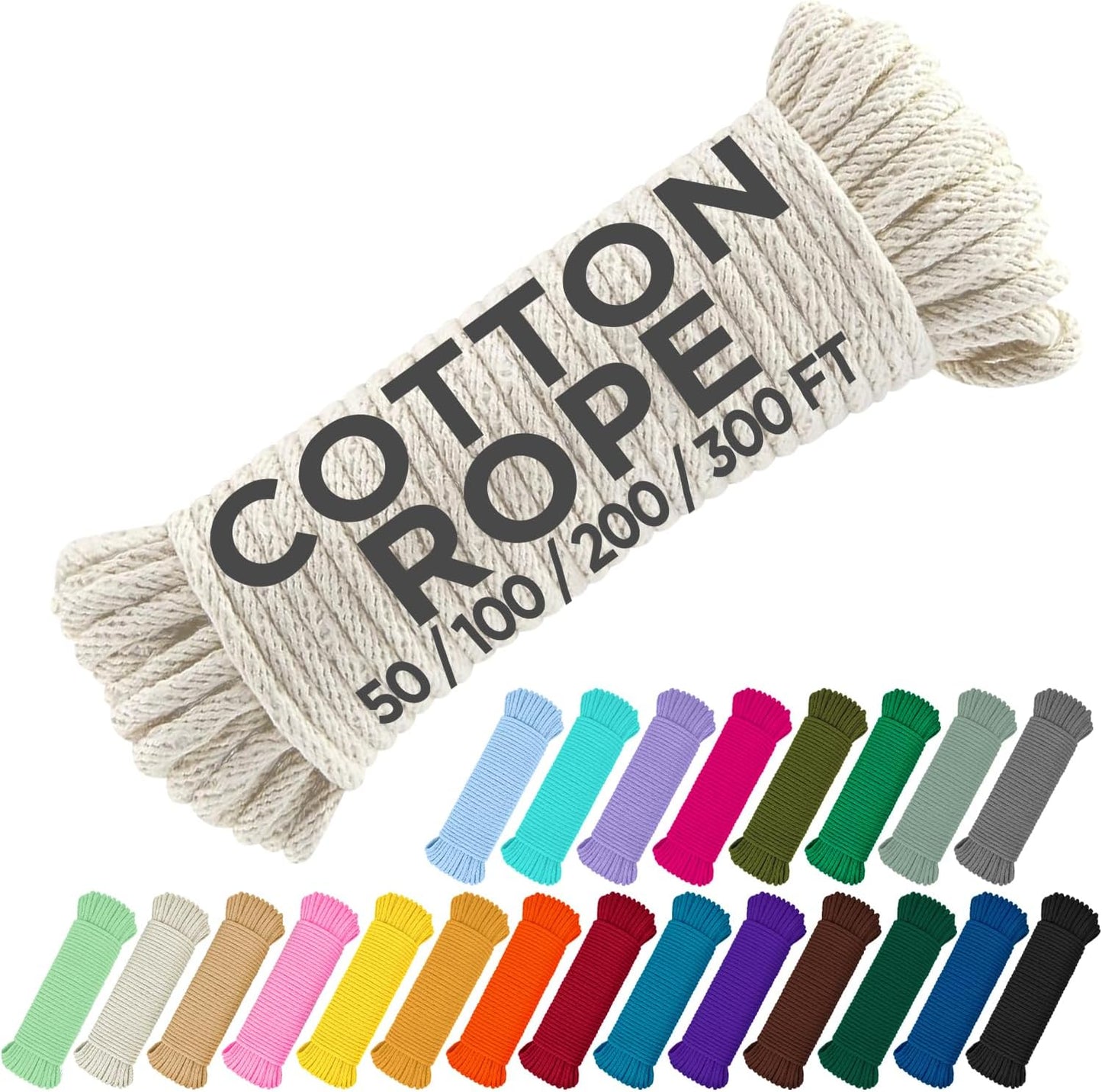 TECEUM Cotton Rope 3/16” (5 mm) – 200 FT – Strong All-Purpose Braided Rope – Natural Cotton – for Crafting, Сamping, Clothes Line, DIY, Indoor & Outdoor Use – Natural