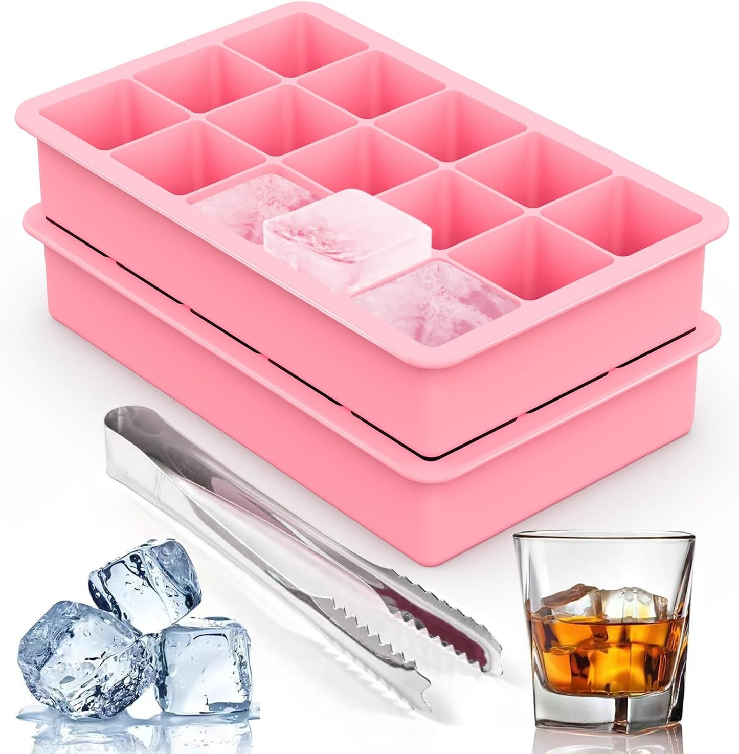 Silicone Ice Cube Trays for Freezer Set of 2- Square Ice Cubes Mold-Easy Release Silicone Old Fashioned Ice Cube Tray-Mini Fridge Rubber Ice Cube Tray for Whiskey Cocktail Coffee Soup