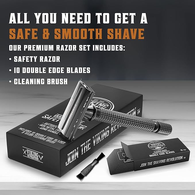 SHAVING REVOLUTION Long Handle Double Edge Safety Razor - Butterfly Open Razor 10 Japanese Stainless Steel Double Edge Blades - Close, Clean Shaving Razor Men., Black Long Handle, 12 Piece Set