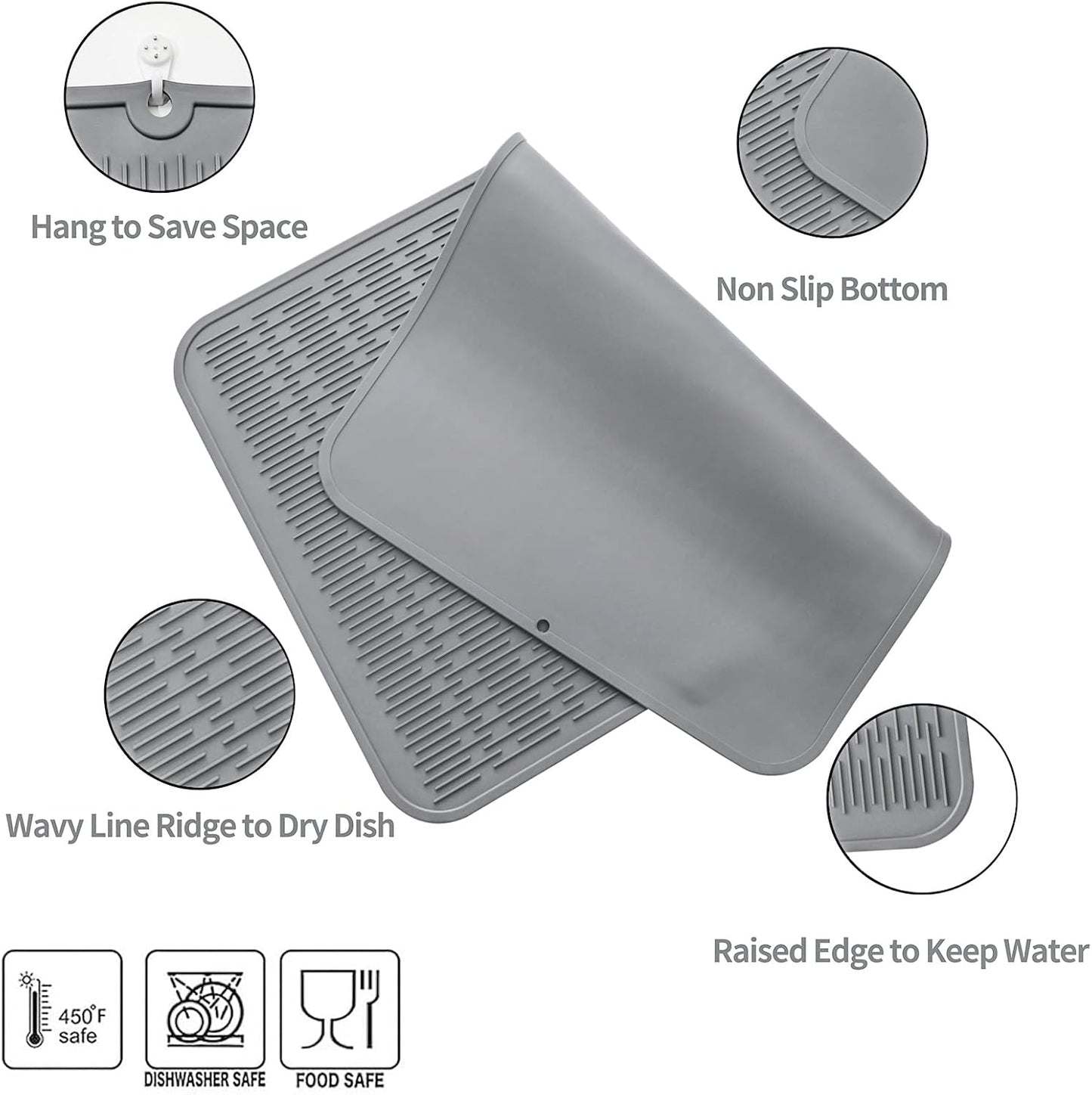 Silicone Dish Drying Mat for Multiple Usage,Easy clean,Eco-friendly,Heat-resistant Silicone Mat for Kitchen Counter or Sink,Refrigerator or Drawer Liner Grey 3XL 28 inches x 18 inches