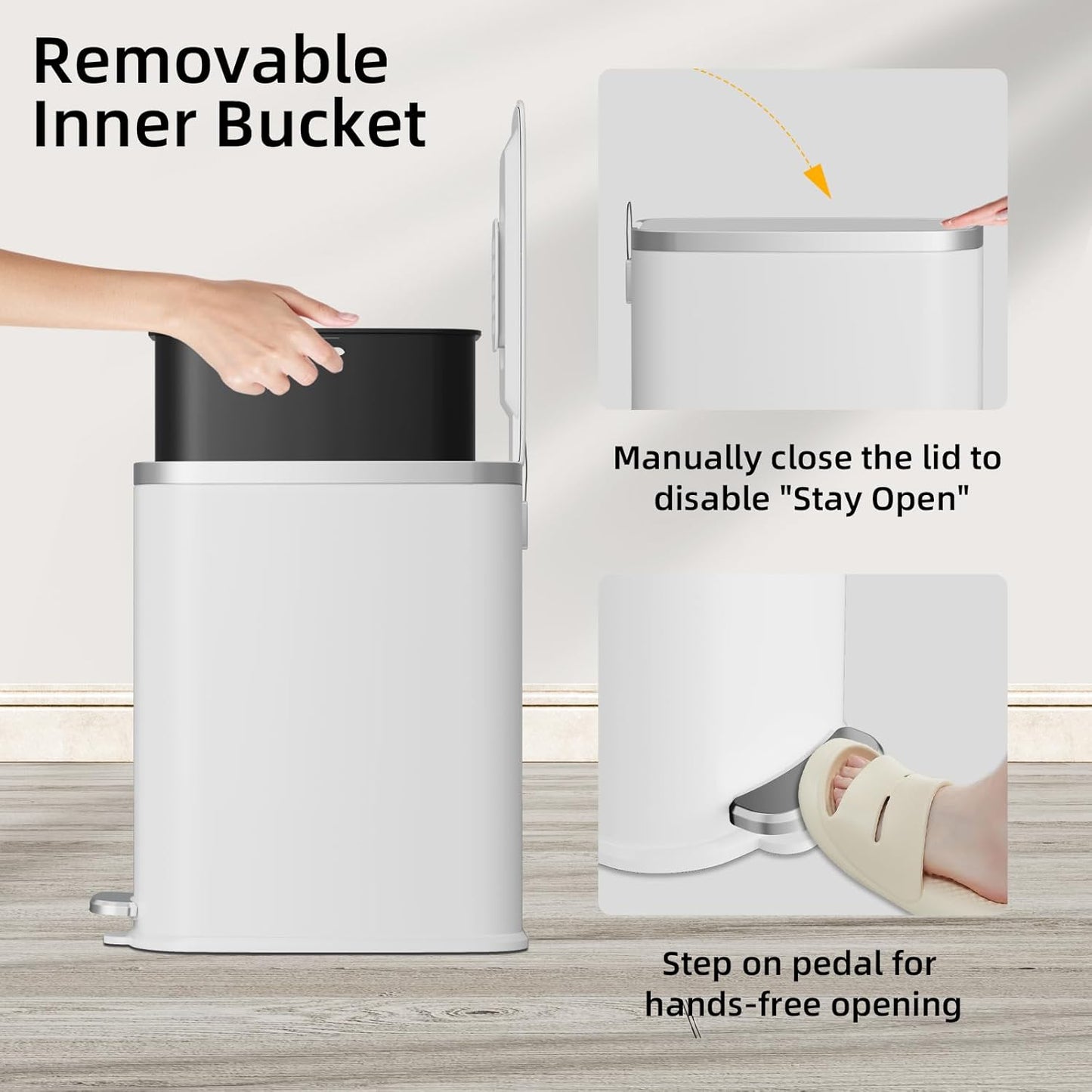 KUK Slim Bathroom Trash Can with Lid Soft Close, Step Pedal, 2.6 Gal/ 10L Stainless Steel Garbage Can with Removable Inner Bucket, Anti-Fingerprint Wastebasket for Office, Bedroom, Toilet (White)