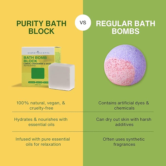 Water Scents Purity Bath Bomb Block | Vegan, Natural & Cruelty-Free | Aromatherapy Bath Soak with Lemon, Cardamom & Clary Sage | Refreshing & Moisturizing, Handmade in USA – 3.5 oz (1-Pack)