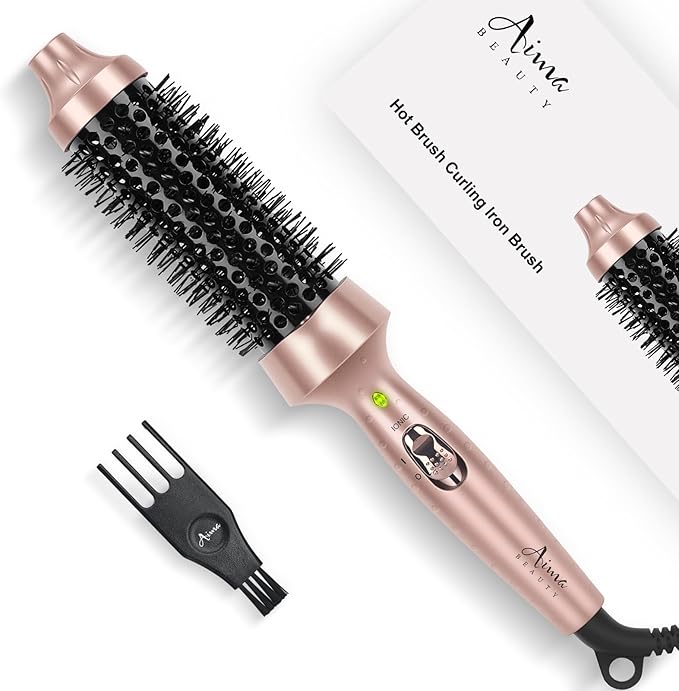 Aima Beauty Hair Curling Iron Brush, 1.5"/40mm Ceramic Hot Brush, Ion Hair Care Thermal Brush for Root Volume Quickly, Heated Curling Brush Create Loose Curls, Dual Voltage & 60Mins Auto-Off, Gold
