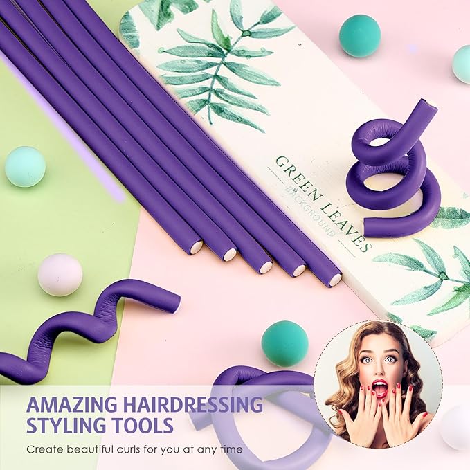 Syhood 30 Pcs Flexible Curling Rods 9.45 Twist Foam Rollers Soft Foam No Heat Hair Rods Rollers and 1 Steel Pintail Comb Rat Tail Comb for Women Long Short Hair(Purple,9.45 x 0.3 Inch)