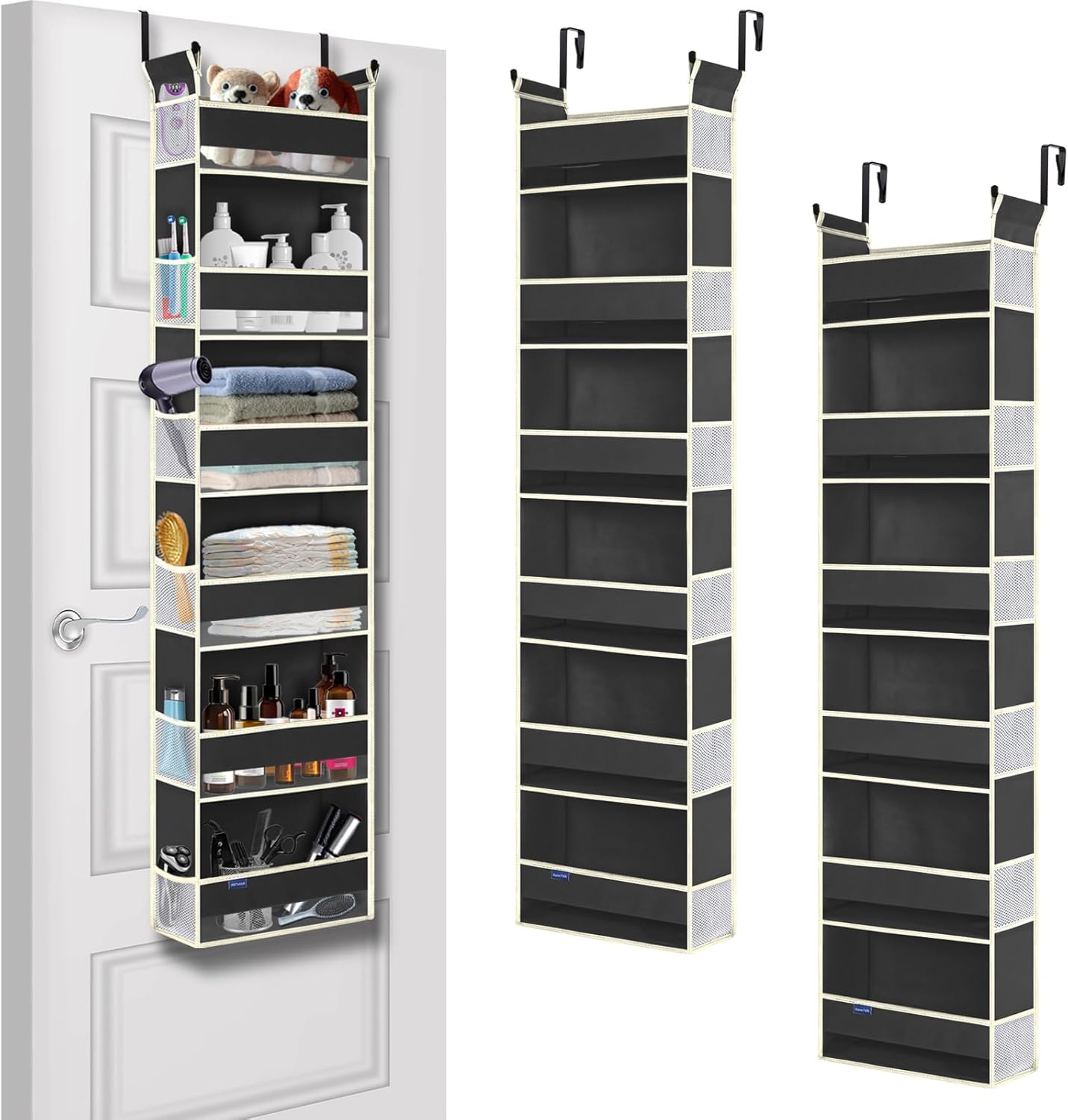 2 Pack Over The Door Hanging Organizer - 6 Shelves & 12 Side Pockets, Over The Door Storage for Baby Accessories & Children's Toys (13"x5"x54", Black)