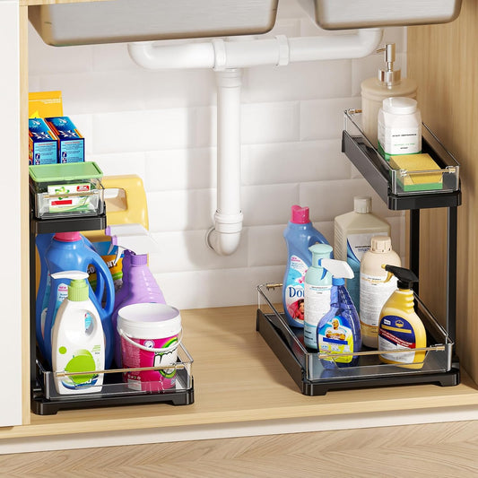 heart & home 2-Pack Under Sink Storage Organizer for Kitchen & Bathroom Cabinets with Removable Washable Tray, Tool-Free Assembly – Multi-Purpose for Vanity, Laundry & Countertop, Black