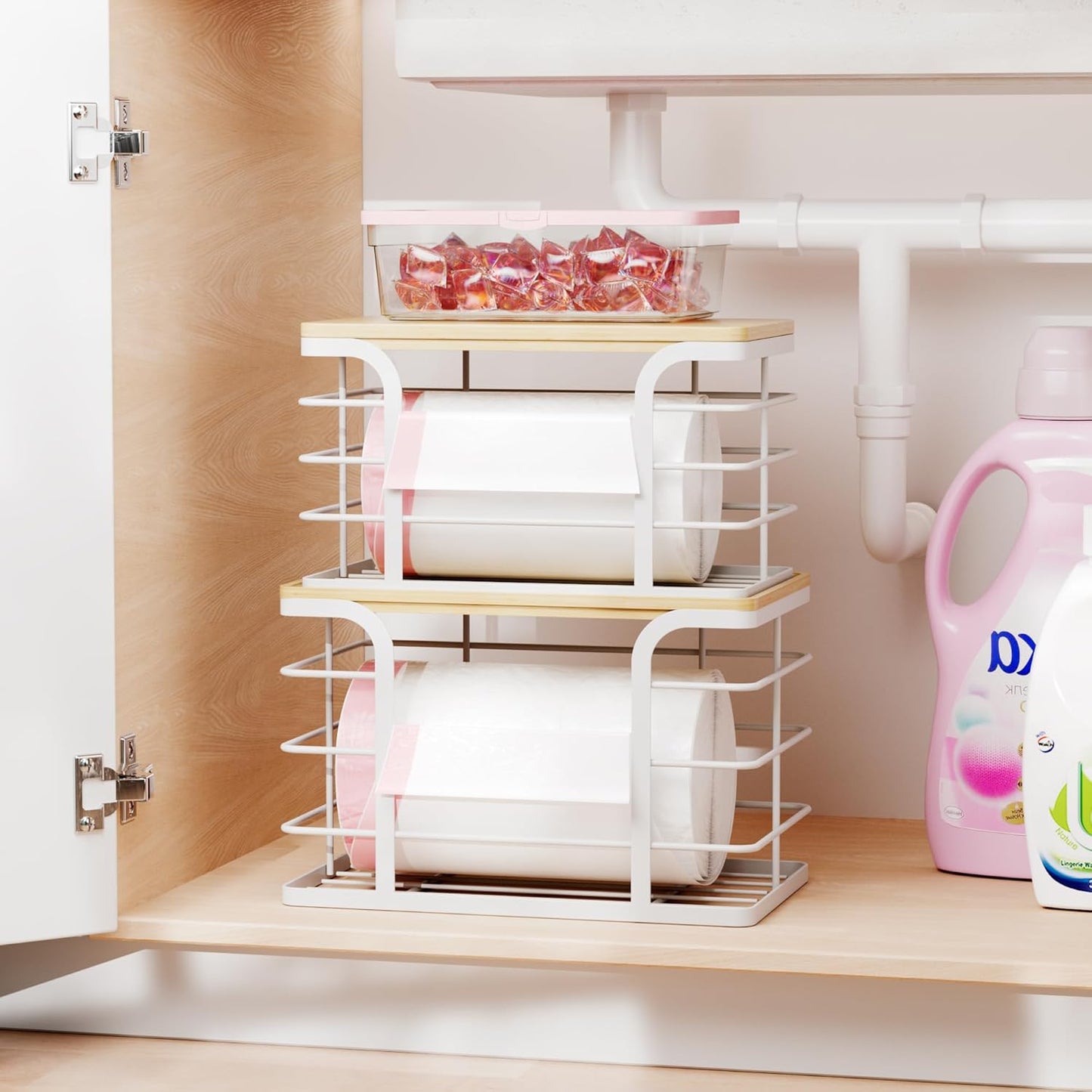 2 Pack Stackable Storage Kitchen Laundry Pantry Organizers,Trash Bag Holder Wall Mount,Garbage Bag Dispenser with Bamboo Top,White Large and Small