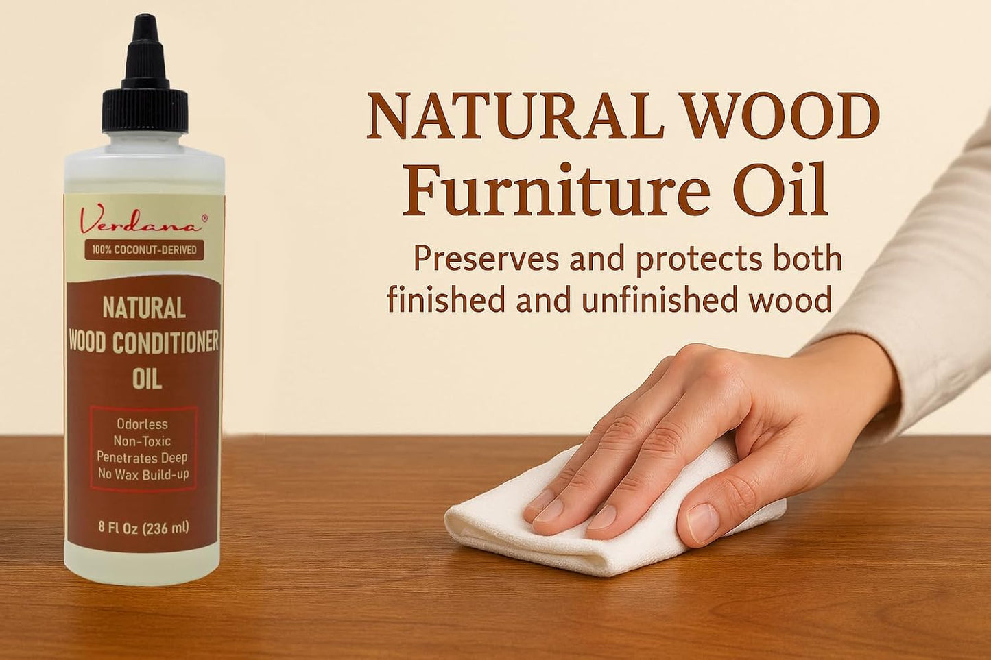 Verdana Natural Wood Conditioner Oil – 8 fl oz – Odorless, Non-Toxic Coconut Oil Polish for Furniture – No Wax Buildup - Nourishes, Restores & Rejuvenates Wood Furniture