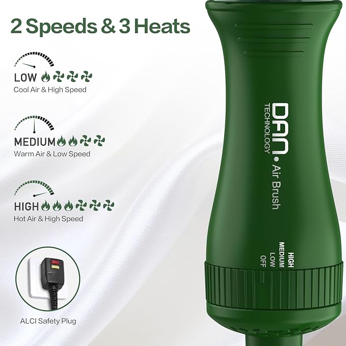 Dan Technology Blow Dryer Brush Hair Dryer Brush Hot Air Blowout Brush 120V 3 Speeds Oval Shape Volumizer Straightener Brush Faster Drying Mini Size Lightweight (Green)