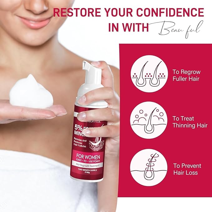 5% Minoxidil Foam for Women Hair Growth: Hair Regrowth Treatment for Women, Reduce Hair Thinning & Hair Loss, Nourish Scalp, Thicker & Fuller Hair, 2 x 60g (2-Month Supply)