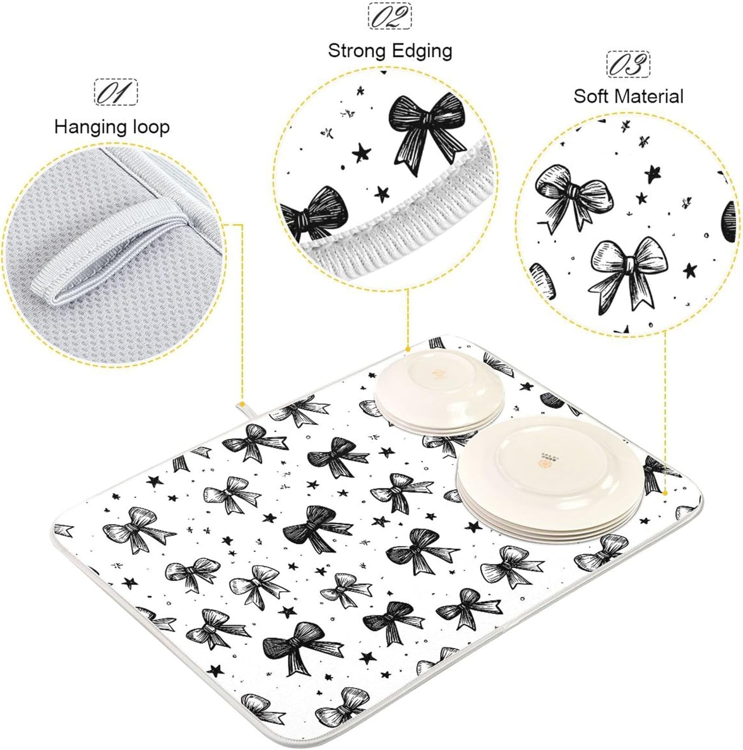 Black White Bowknot Dish Drying Mat for Kitchen Countertop 18x24 Rectangle Bow Large Drying Mat Reusable Quick Dry Dish Sink Absorbent Mats Dishwasher Easy Clean Decorative Home Decor Essentials