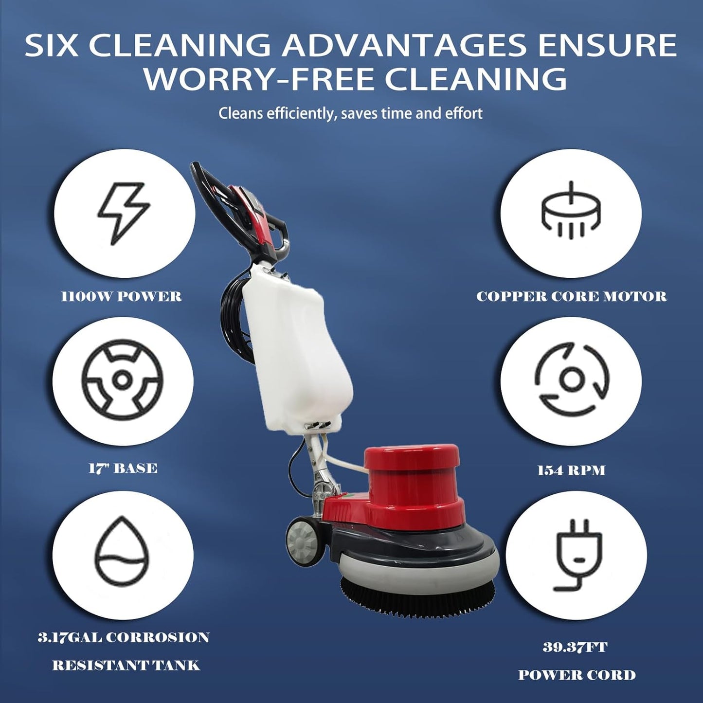1100W Red Floor Polisher Commercial Floor Cleaner Polishing Machine Carpet Buffer Scrubber with 3gal Water Tank and 17" Base 154Rpm AC110V