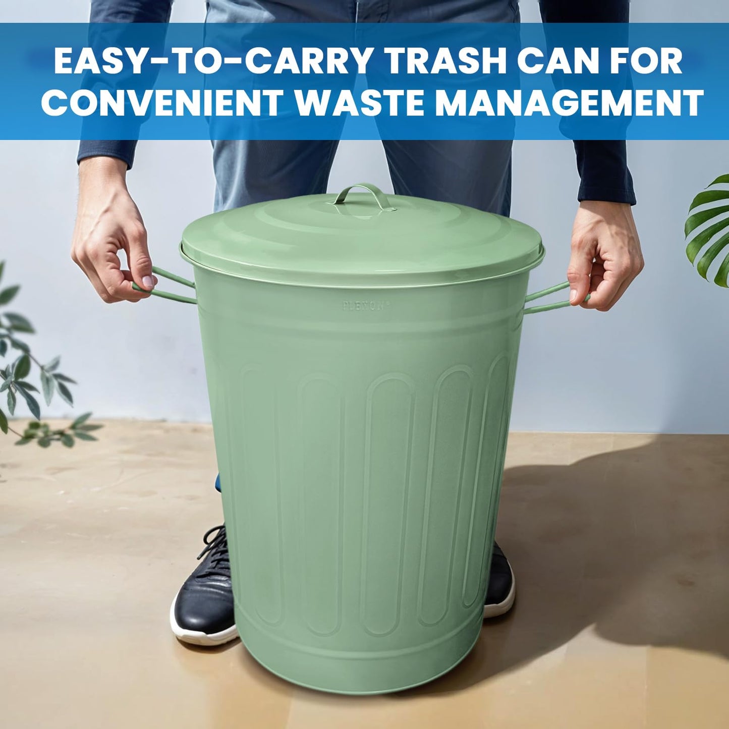 Plexon Round Trash Can 13 Gallon, Vintage Metal Outdoor Trash Can with Lid, Retro Farmhouse Garbage Container, Old School Modern Ash Bucket, Green 2 Pack