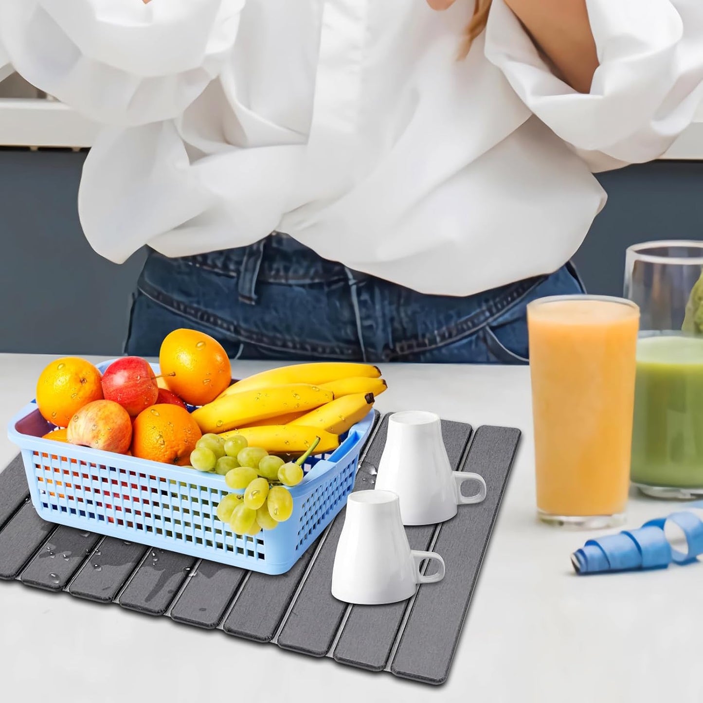 Large Diatomite Kitchen Counter Drying Mat – 24”x16”, Aesthetic Stone Mat for Dishes, Roll-Up Space-Saving & Quick-Drying Stone Rack, Dark Grey