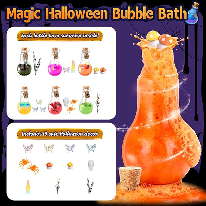 Kids Bath Bomb Potions, 6 Pack – Magic Potion Bubble Bath Bombs with 13 Mini Toy for Toddlers Ages 3-8, Rich in Natural Essential Oils, Science Soap Potion Bottles Kit & Halloween Fizzes Eruption Gift