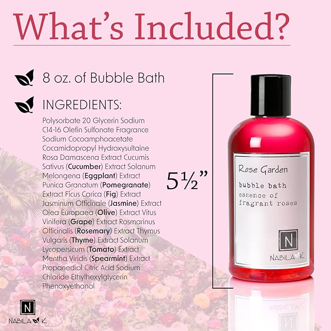 Rose Garden Bubble Bath by Nabila K - Essential Oils with Natural Ingredients for Sensitive Skin, Tear-Free, Gentle, Moisturizing - Luxury for Women & Men, 8 oz