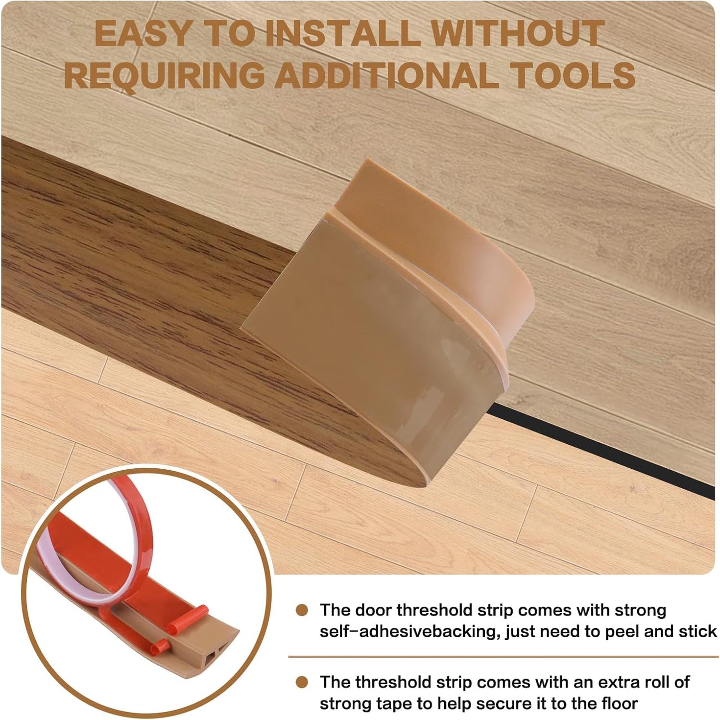 Floor Transition Strip Vinyl Door Threshold Ramp Self Adhesive Carpet Edging Strip Doorway Edge Trim, Overlap Edge Reducer for Laminate Carpet, Floor, Tile (Orange Oak, 3/5" to 4/5", 6.6Ft)