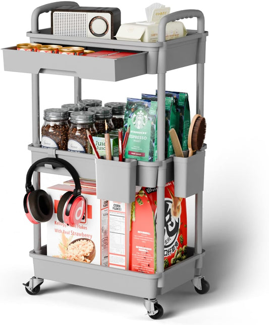 3 Tier Rolling Cart Organizer,Laundry Room Bathroom Organizers and Storage Office Shelves Mobile Shelving Unit Kitchen Trolley Cart with Wheels for Art,Craft,Diaper,Bedside,Snack(Grey)