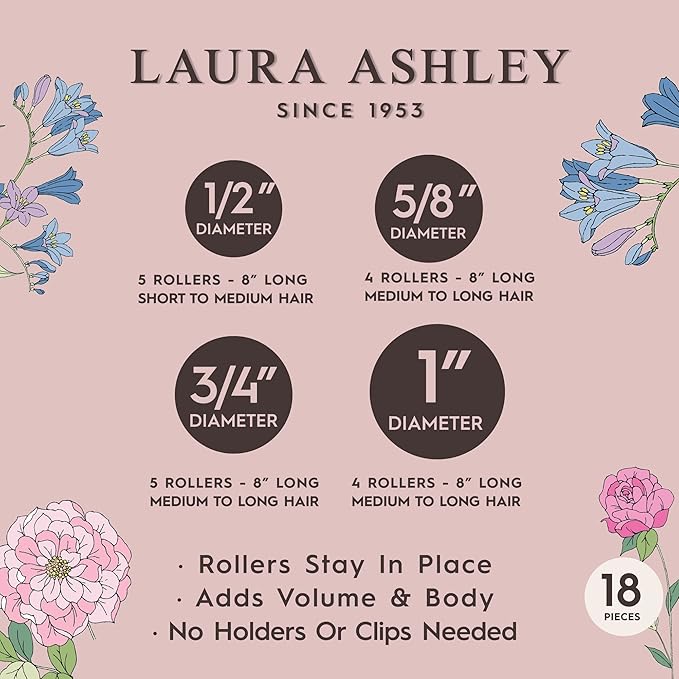 Laura Ashley Flexi Rods Foam Hair Rollers 18 pcs 1/2", 5/8", 3/4", 1" Professional Salon Quality Rubber Hair Rollers for Long, Medium and Short Hair Assorted Colors