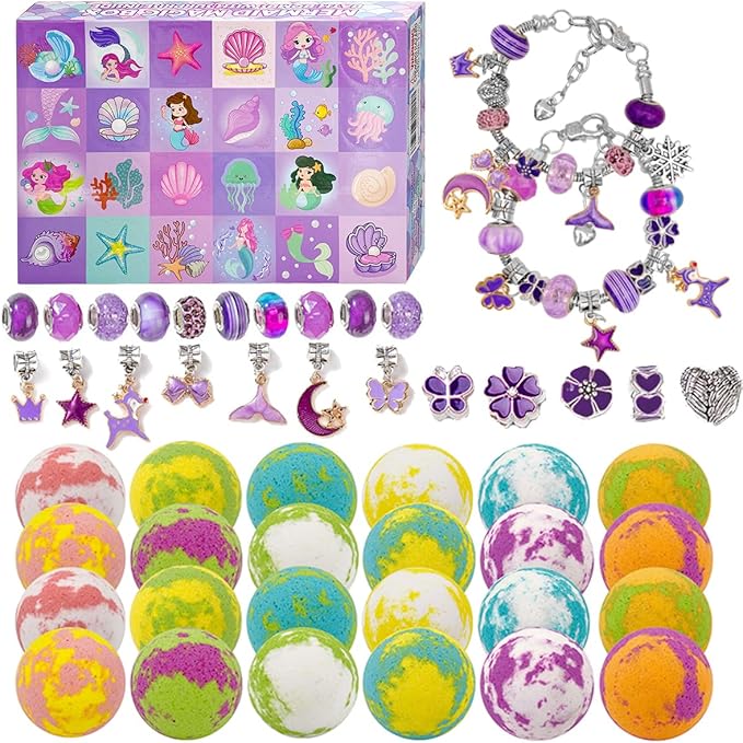 Mermaid & Unicorn Brand 24 Count Mermaid-Themed Kids Bath Bombs Set with Fruity Scents and Surprise Jewelry Inside