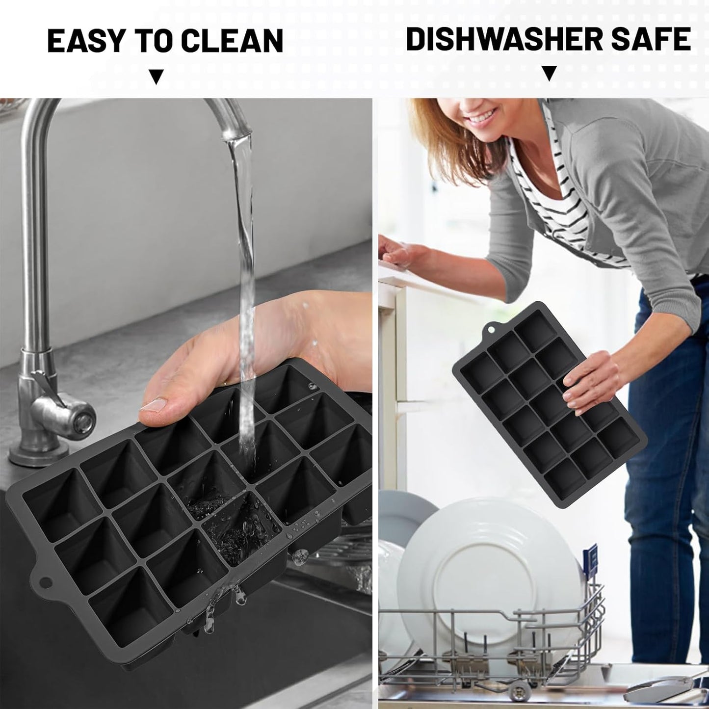 Silicone Ice Cube Trays 3Packs, Easy Release Ice Cube Molds with Lid, Freezer Stackable Ice Maker for Whiskey, Baby Food, BPA Free (Black)