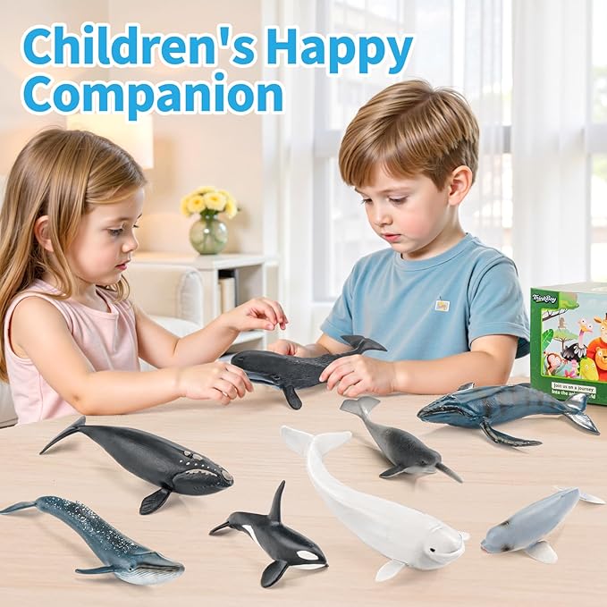 8PCS Whale Figurines Toys for Toddlers, Realistic Ocean Animals Figures Sea Creatures Toys for Kids Includes Beluga Orca Blue Whale, Birthday Party Favors & Gifts for Boy Girl