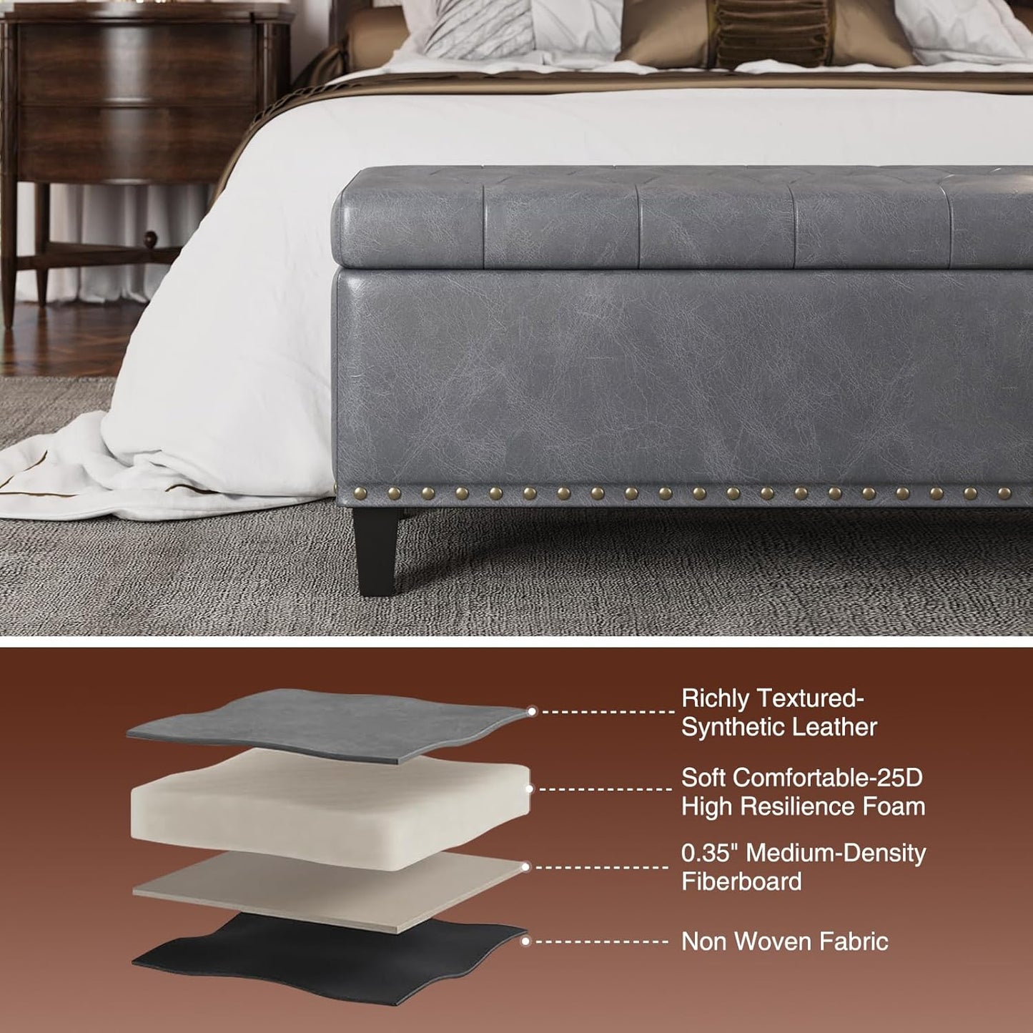 Storage Ottoman Bench, 51-Inch Large Storage Ottoman for Bedroom End of Bed, 30 Gallons Faux Leather Bench for Bedroom, Living Room, Entryway, Hallway, Grey