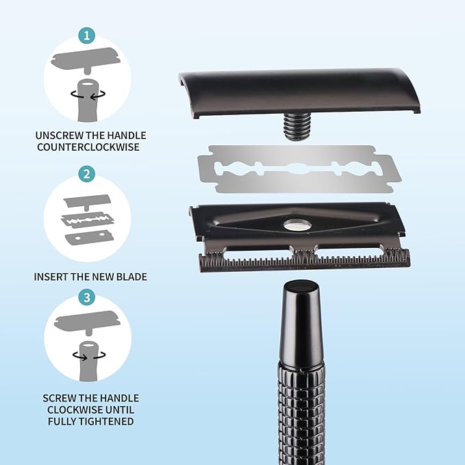 Gearhub Double Edge Safety Razor Reusable Stainless Metal Wet Shaving Razor with 10 Swedish Platinum Blades for Men Women Barber Bikini Armpit Hair, Matte Gunmetal Black GR131