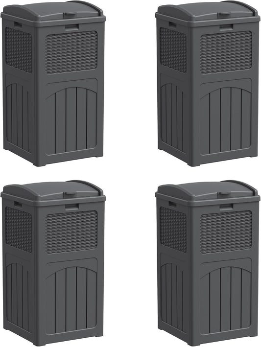 Greesum 33 Gallon Outdoor Trash Can with Lid, Waterproof Resin Garbage Bin for Hideaway, Deck, Patio, 4 Pack, Gray