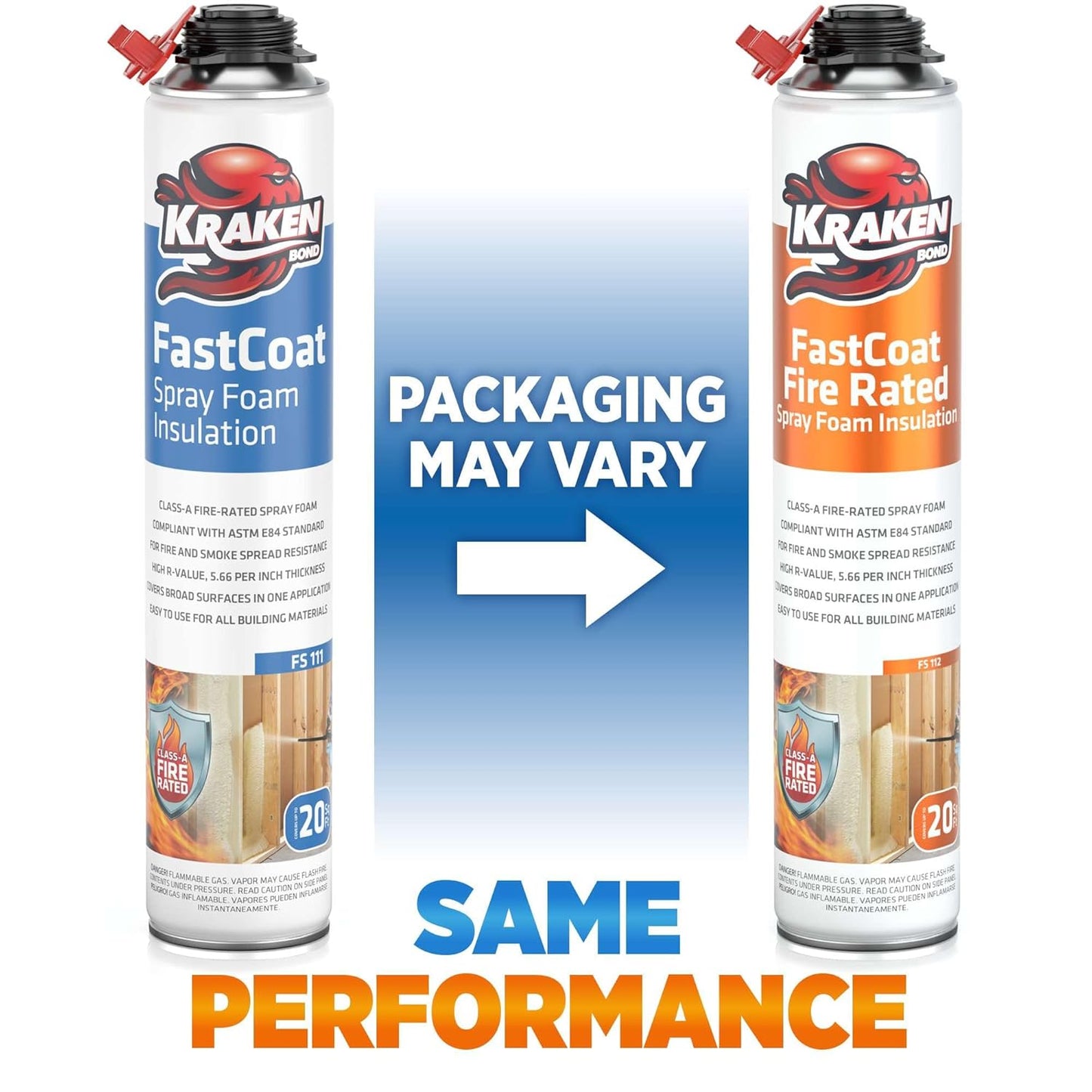 Kraken Bond Fastcoat Fire Rated Spray Foam Insulation Kit Closed Cell in a Can 40 sq ft (2x27.1 oz.) (R-Value 11.32 / 2in) - Spray Foam for Garage Door, Attic, Wall Gun & Cleaner Included, 2 Pack