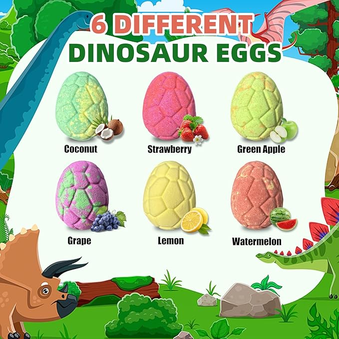 6 Pack Natural and Organic Dinosaur Bath Bombs Bubble Bath Gift Set, Bath Bombs for Kids with Dinosaur Toys Inside, Perfect Birthday Gifts for Kids（6pcs, 90g）