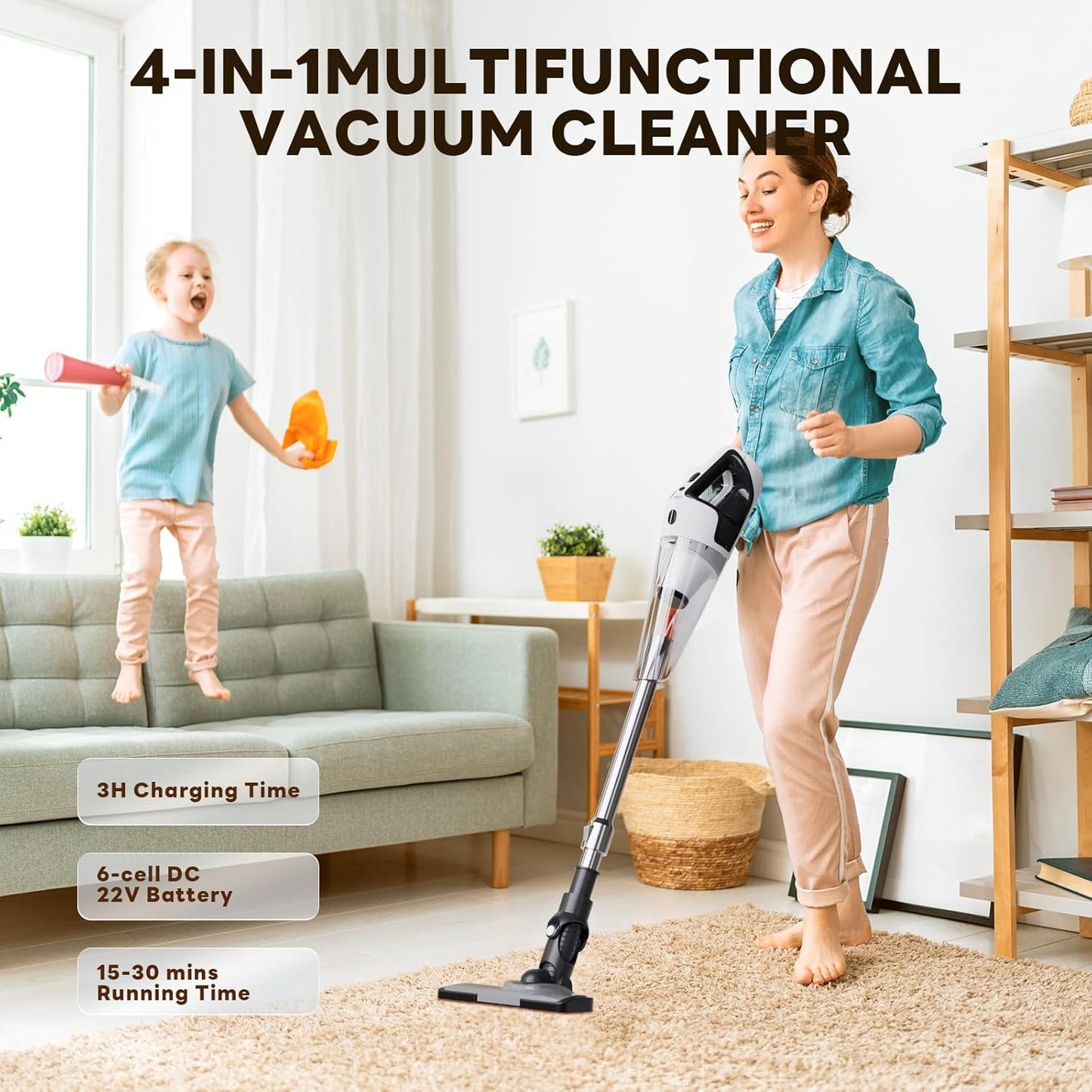 TECBOT Cordless Vacuum Cleaner, 12000 Pa Powerful Stick Vacuum with Brushless Motor, LED Touch Display, 30 Mins Long Runtime, Self-Standing Lightweight Vacuum for Hard Floor Carpet Hair, Gray